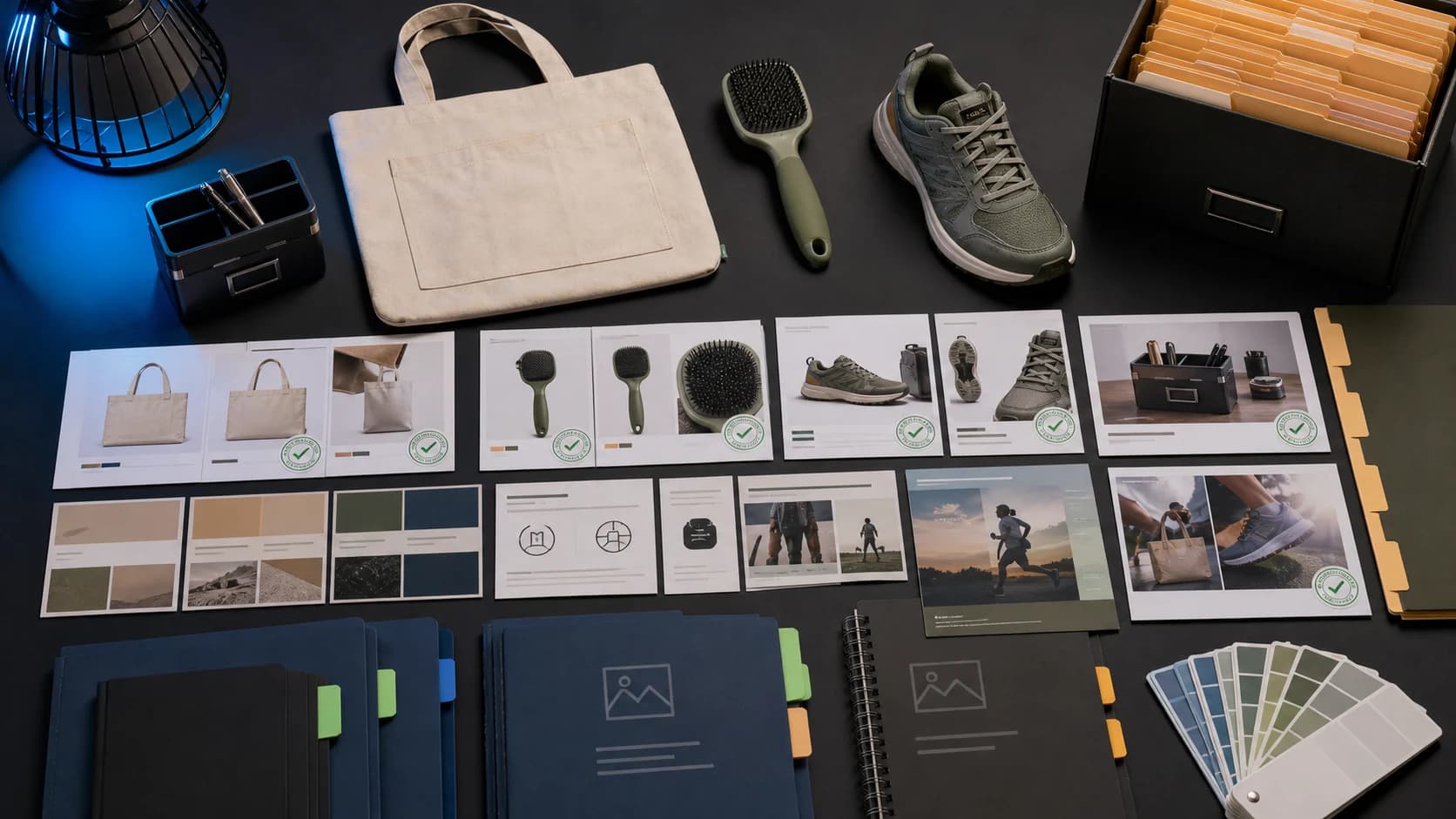 Ecommerce content review workflow with approved product visuals, brand cards, marketplace fit cards, and media library folders.