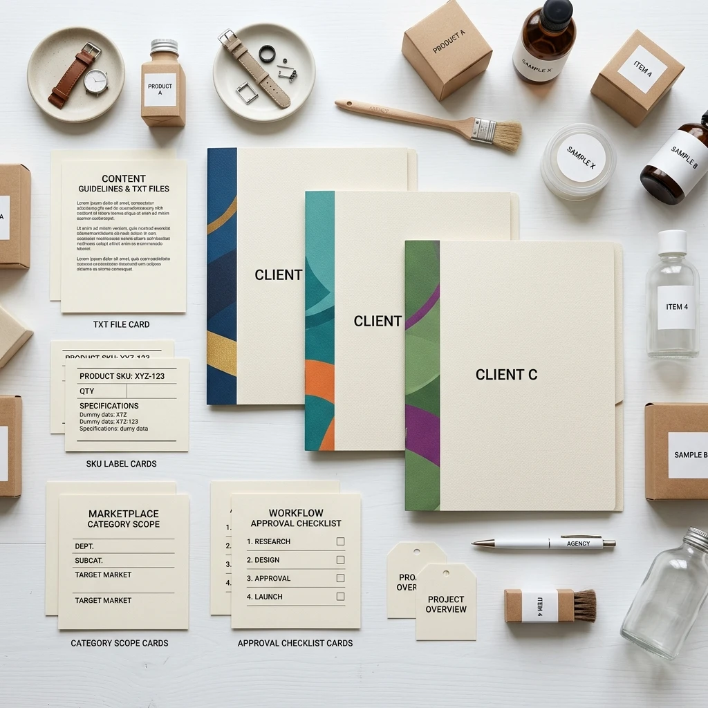 Agency client intake pack for Amazon title compliance workflow.