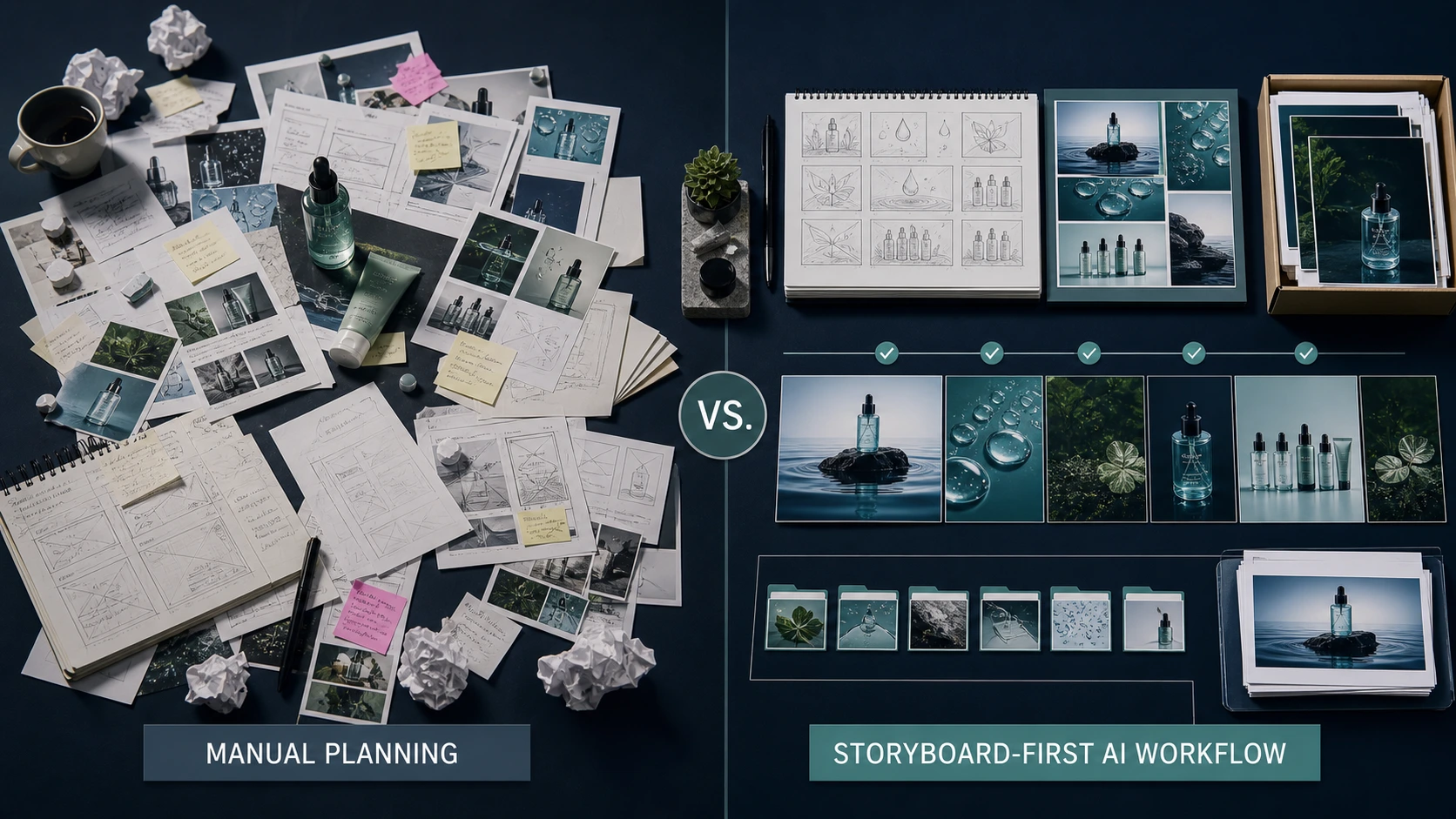 Storyboard-first Amazon A+ Content workflow showing product context, storyboard review, and final visual modules.