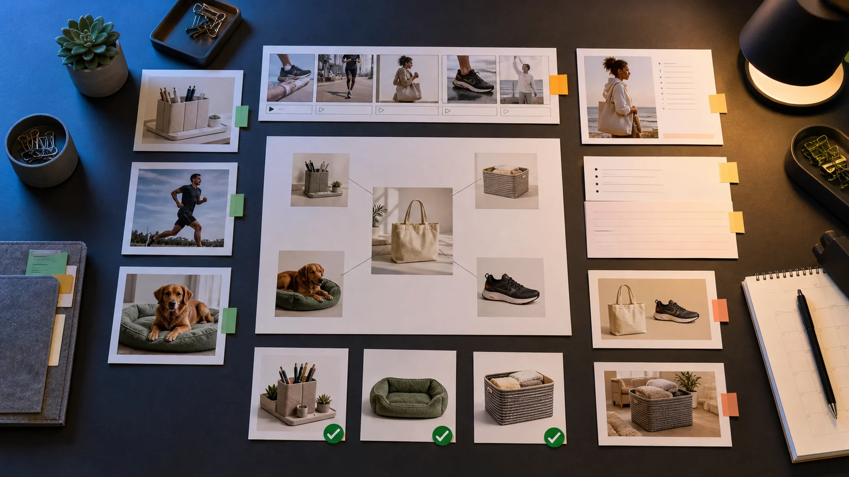 AI ad creative workflow for ecommerce showing product ads, video ads, UGC-style scripts, campaign variants, approvals, and media library.