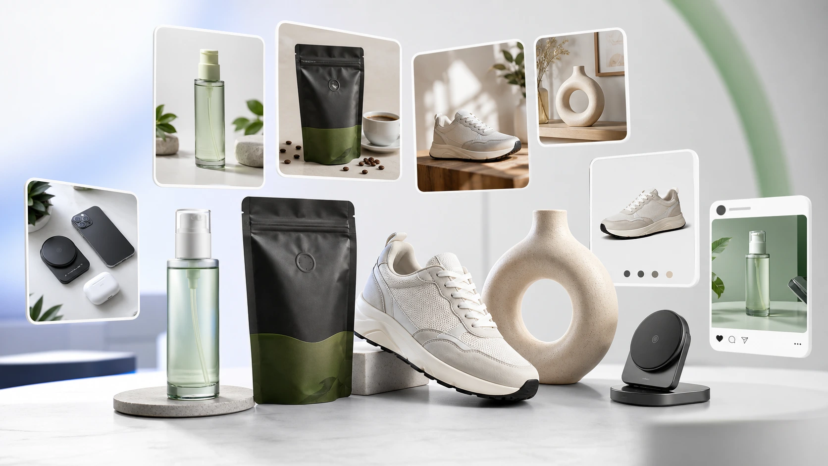 AI product photography workflow showing ecommerce products transformed into studio, lifestyle, marketplace, and social content visuals.