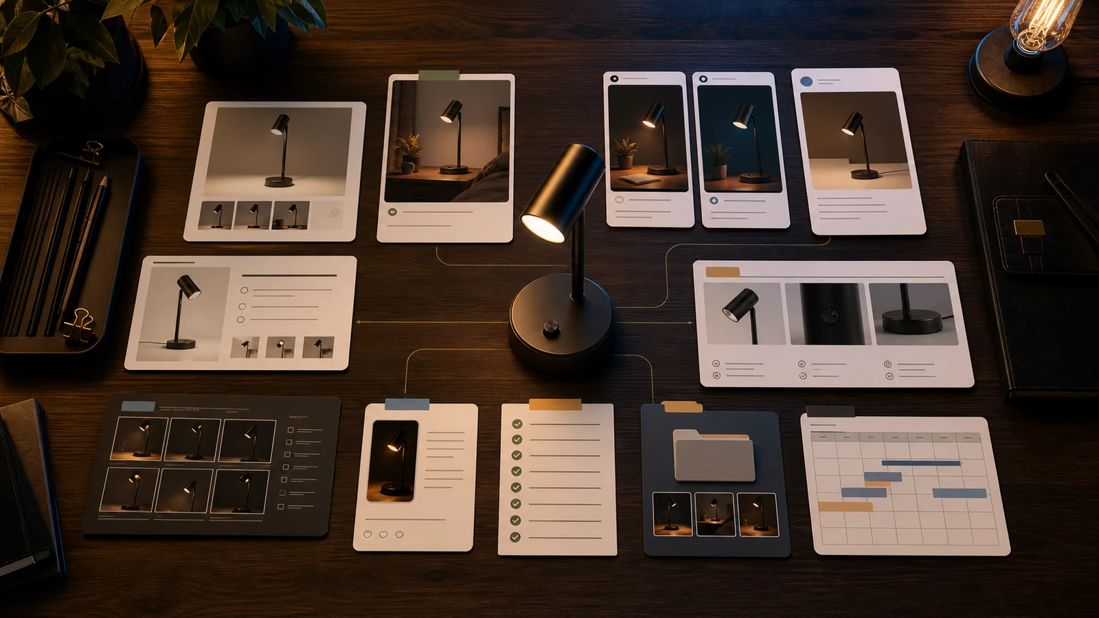 AI product photography workflow for ecommerce showing product shots, lifestyle images, marketplace visuals, and review cards.
