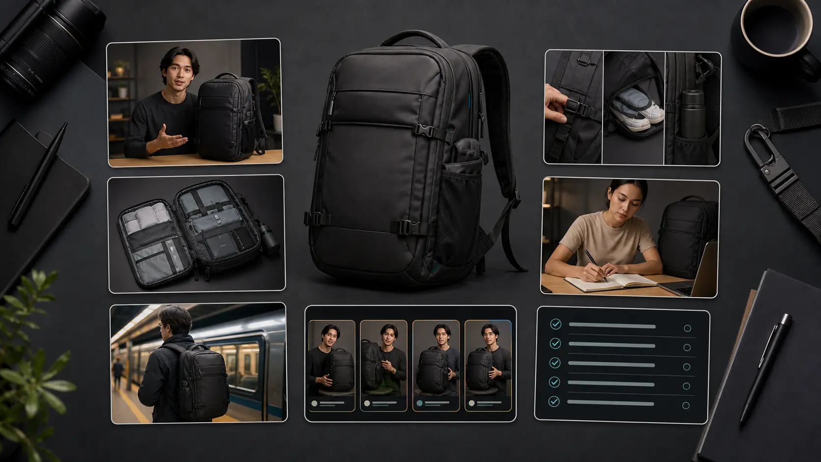 AI UGC ad workflow with hooks, scripts, avatar video, and product review for a premium modular travel backpack.