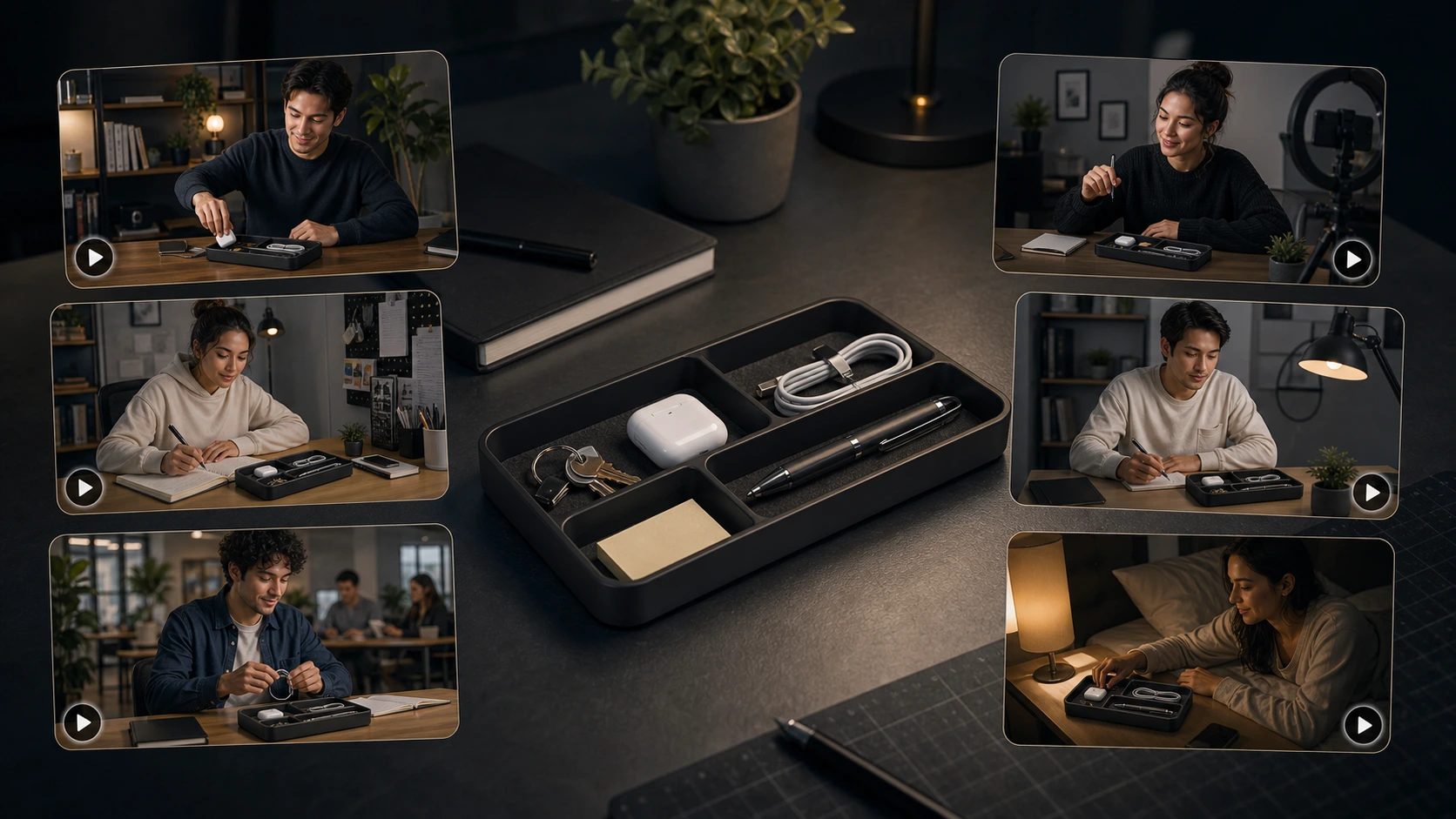 Creator and scene fit for AI UGC product videos featuring a premium desk organizer tray.