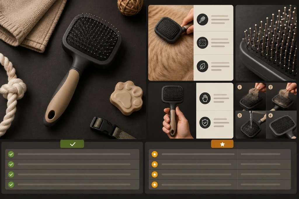 Pet grooming brush infographic example with feature callouts and usage steps.