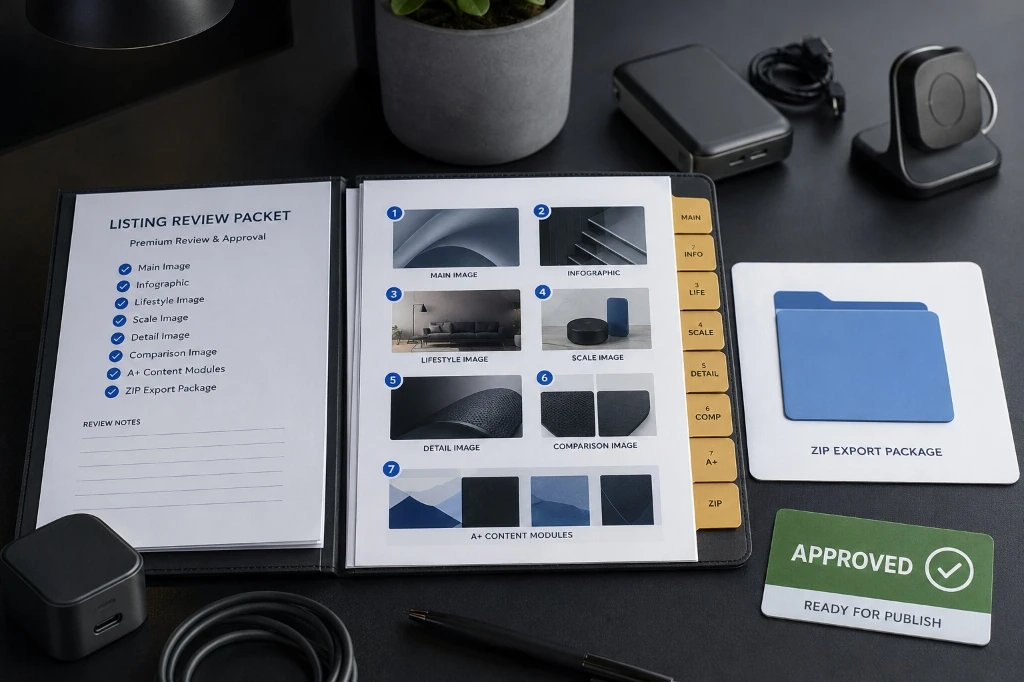 Amazon listing review and approval packet with ZIP export package.