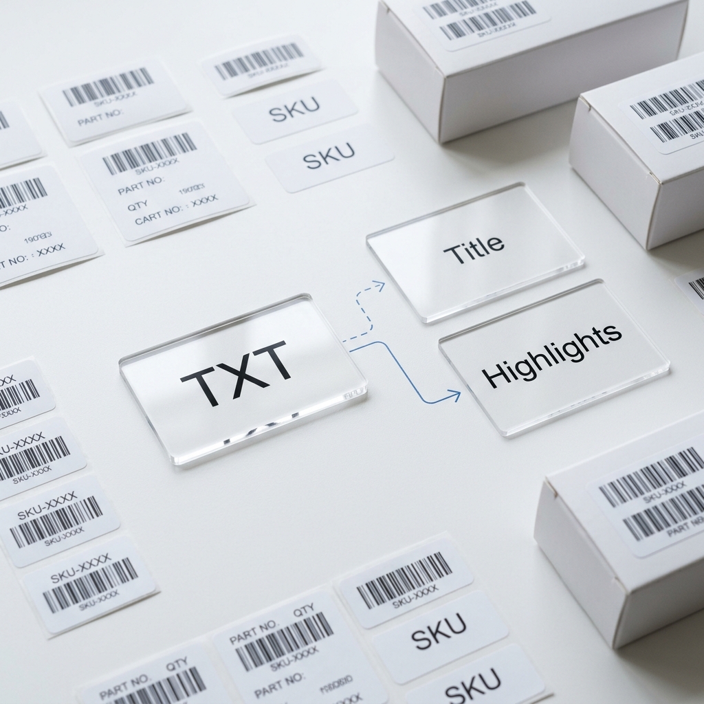 Amazon Seller Central TXT export shown as the source artifact for title compliance.