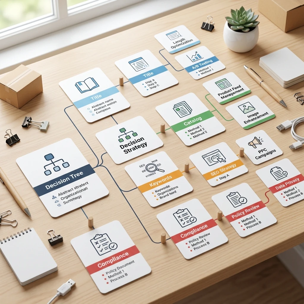 Decision tree for choosing between ChatGPT, spreadsheets, listing optimizers, and title compliance tools.