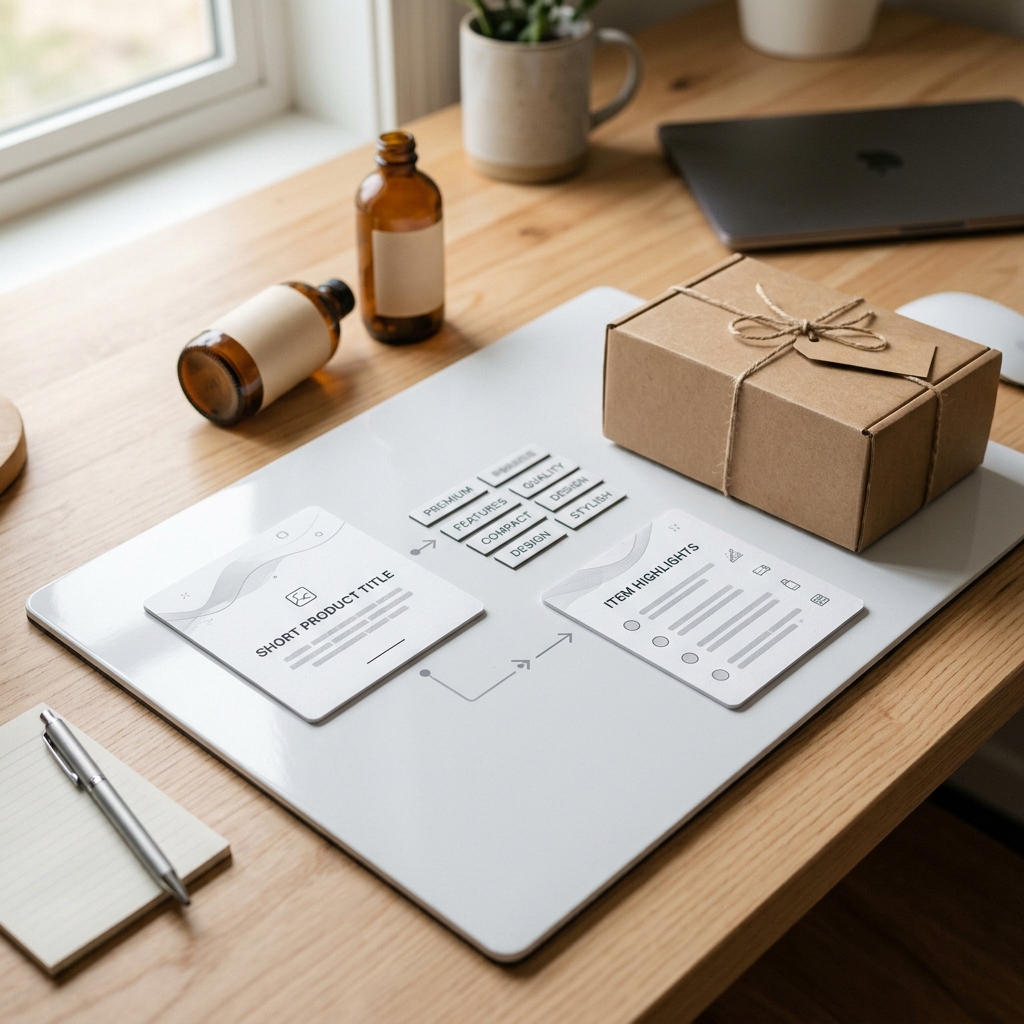Amazon title and Item Highlights rewrite pair for product listing cleanup.