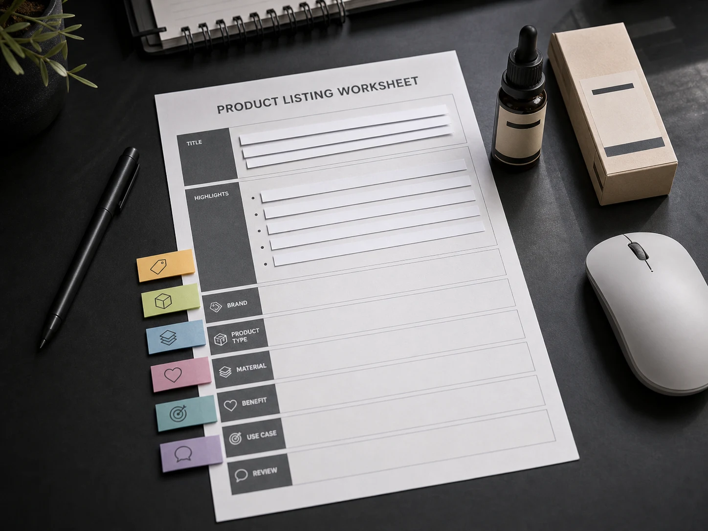 A product listing title being separated into product identity and Item Highlights fields.
