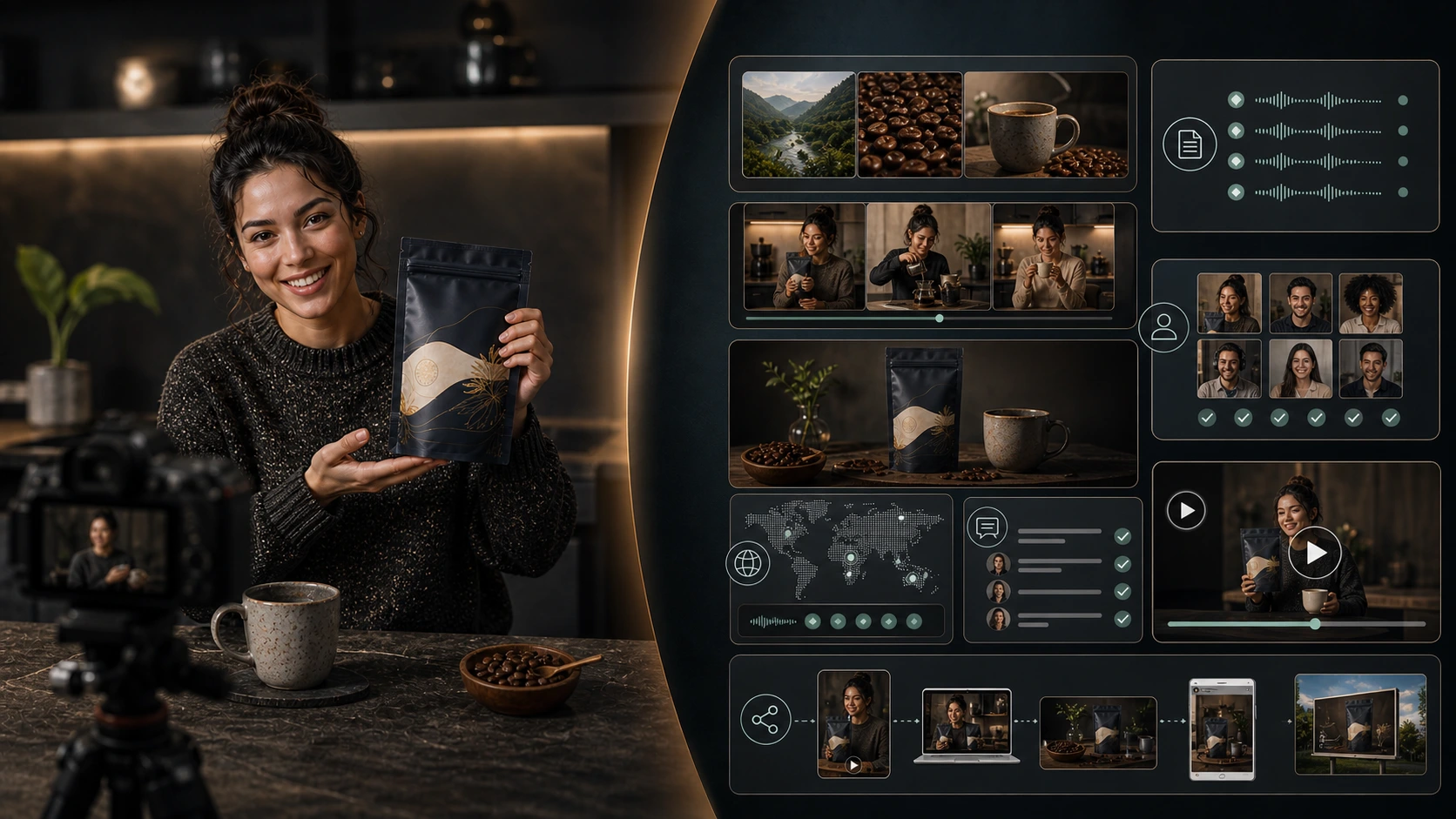 Realistic AI avatar video still with ecommerce product context and script planning cards.