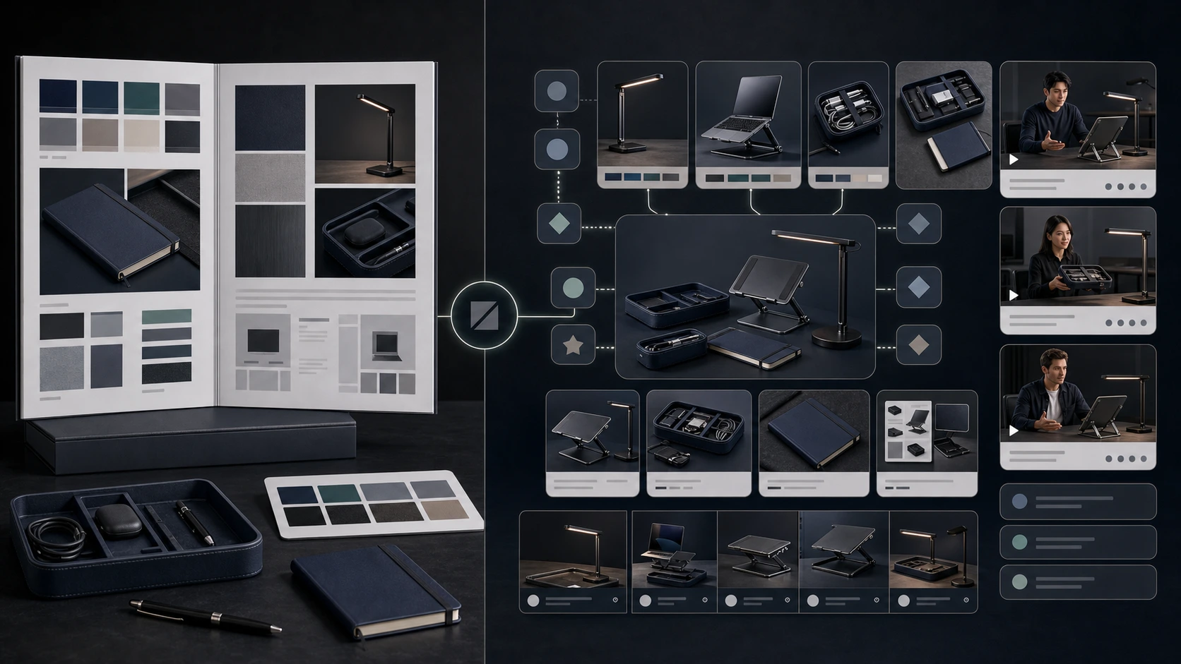 Brand DNA powering product shots, AI creator videos, marketplace images, A+ content, campaigns, and scripts.
