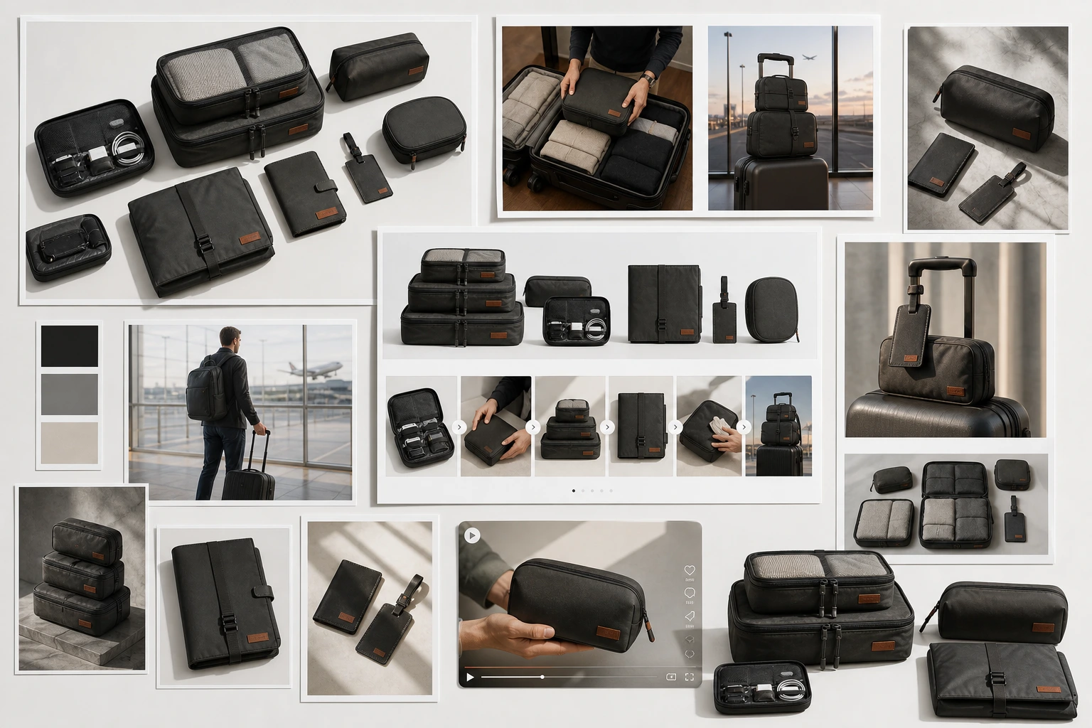 Campaign consistency across AI-generated travel accessories content assets.