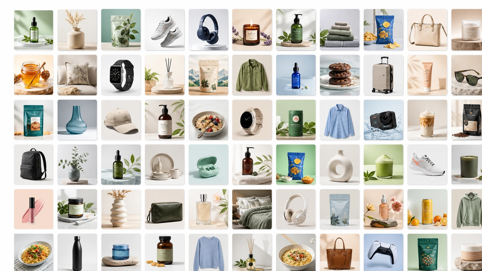 Catalog-scale AI product photography visual showing many ecommerce product listings refreshed with AI-generated image variations.