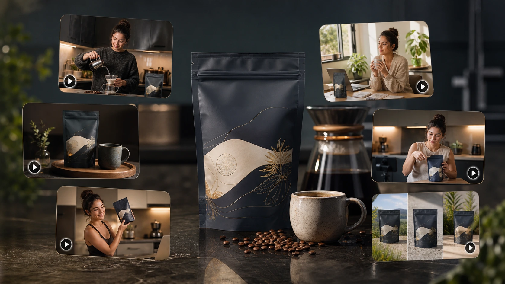 AI UGC-style video creation workflow for a premium coffee pouch.