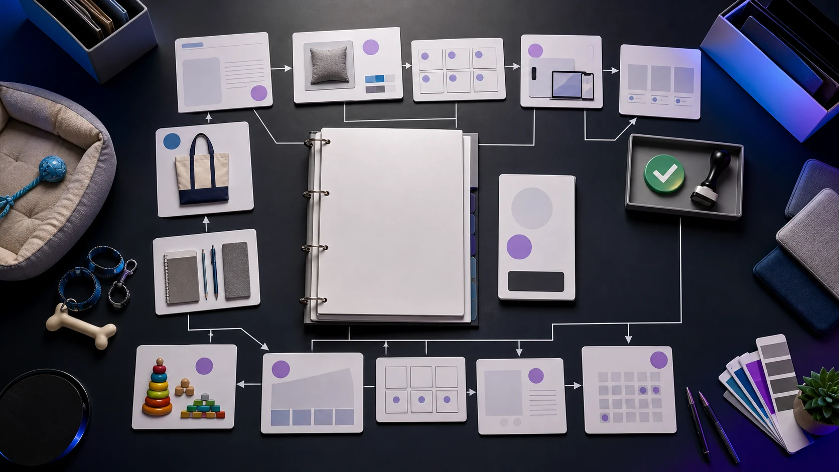 Ecommerce content automation workflow connecting product catalog, Brand DNA, product shots, social posts, ads, marketplace listings, approvals, and calendar planning.
