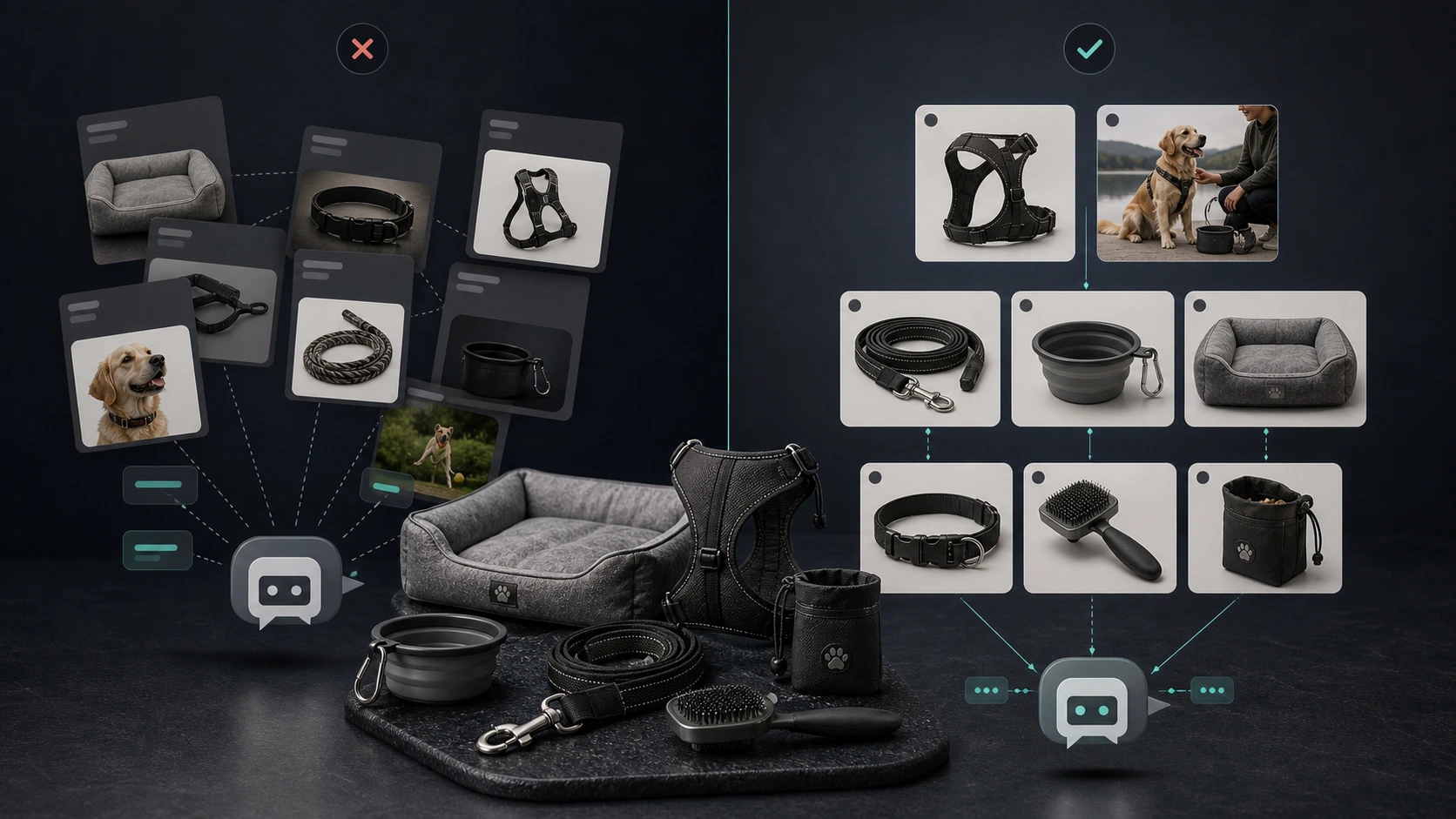 Generic AI content compared with product-aware AI content for pet accessories ecommerce marketing.