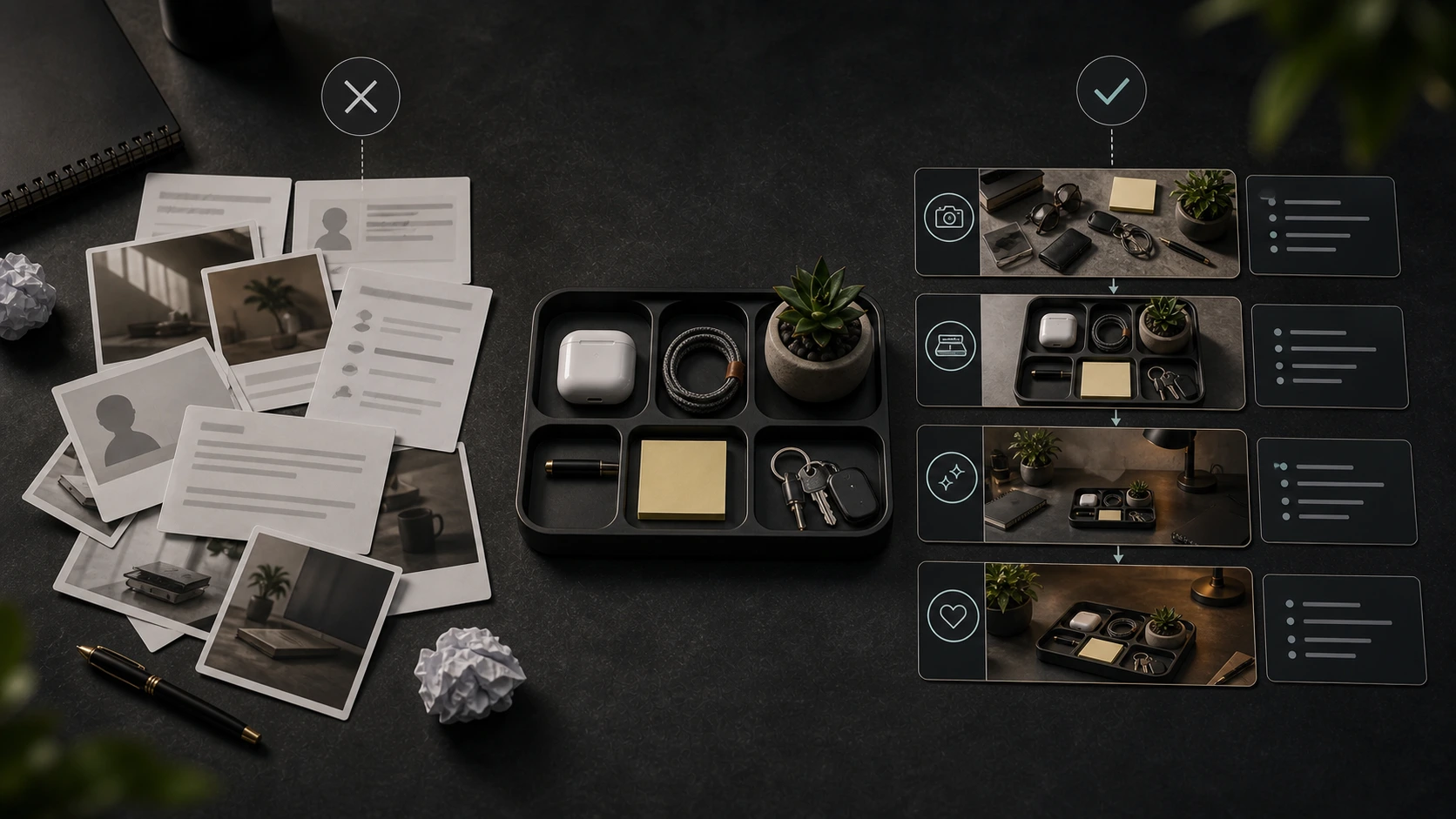 Generic AI UGC script compared with product-specific creator video script for a desk organizer tray.