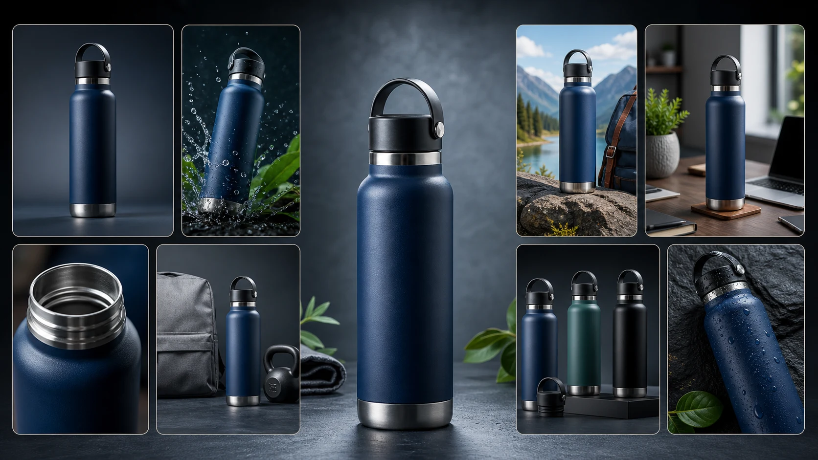 AI-generated marketplace listing image sets for an insulated stainless steel water bottle across multiple marketplaces.