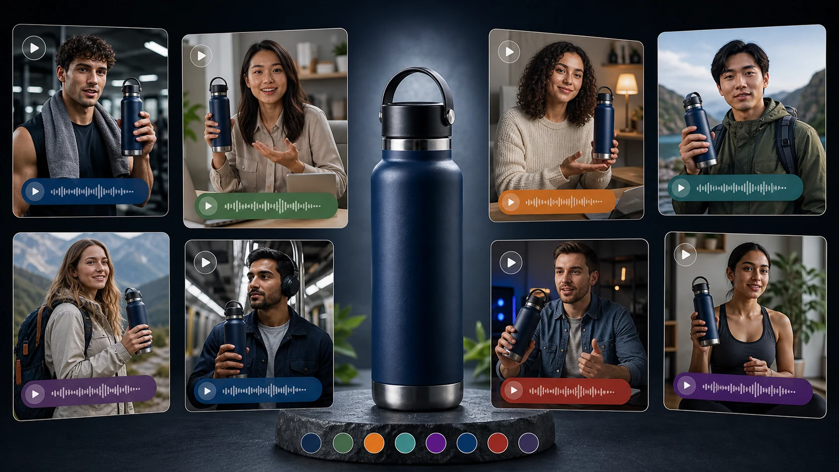Localized AI creator-style product video variations for ecommerce in multiple languages.