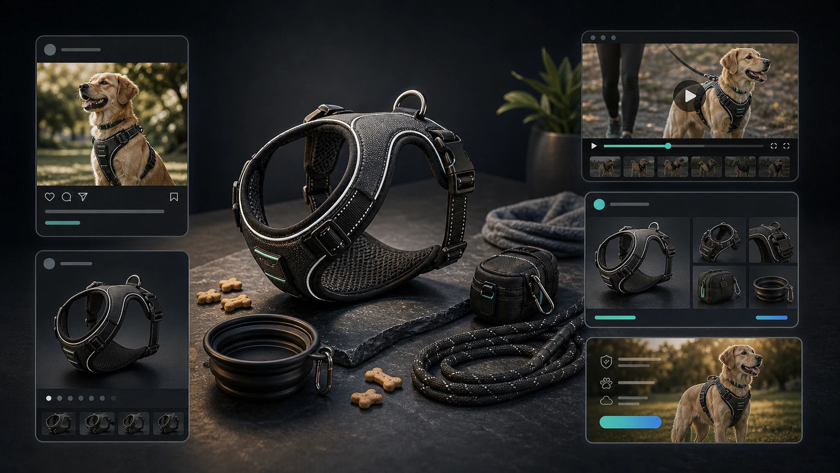 Reflective dog harness product context feeding social posts, AI creator videos, product shots, marketplace images, and campaign assets.