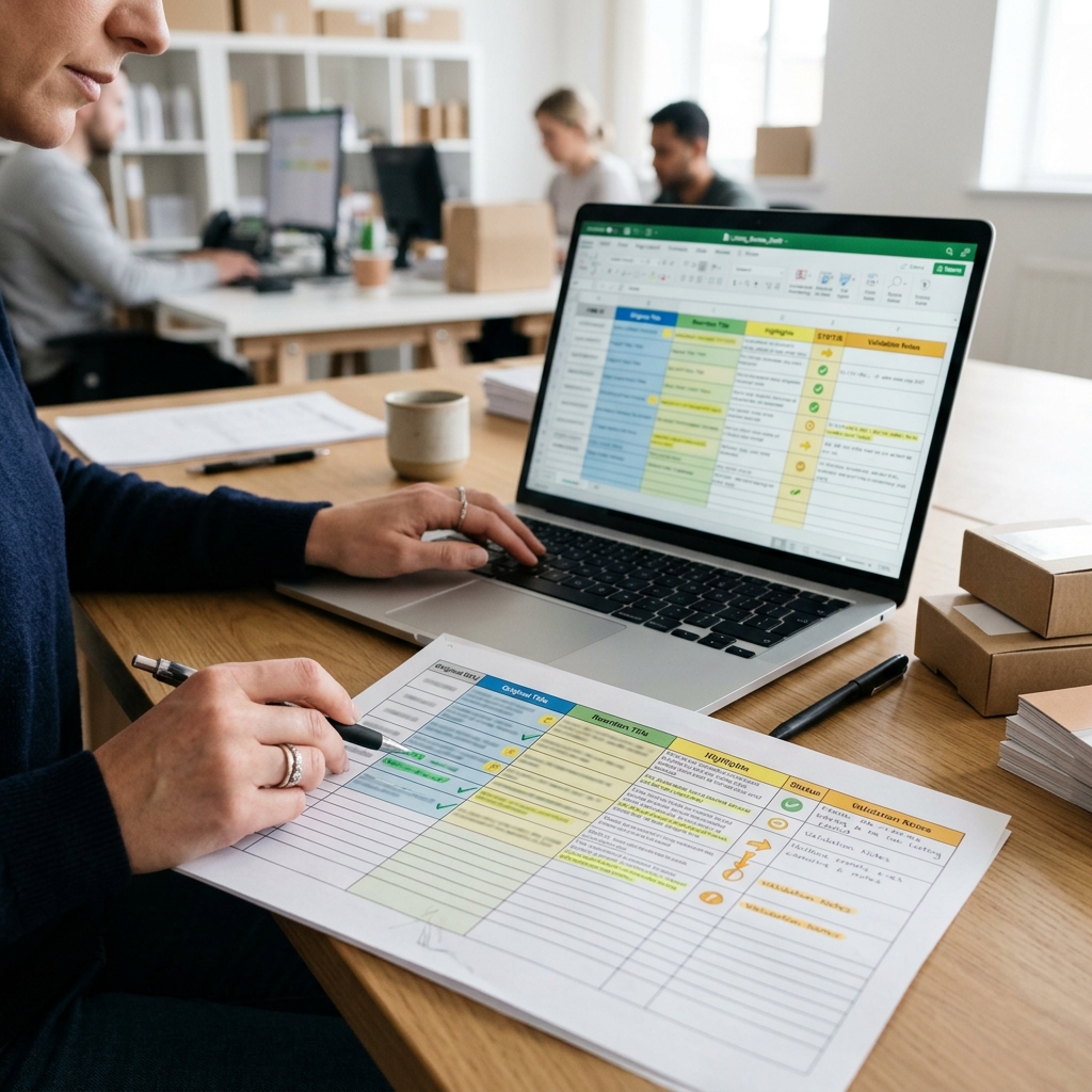 Review-ready XLSX export for rewritten Amazon titles and Item Highlights.