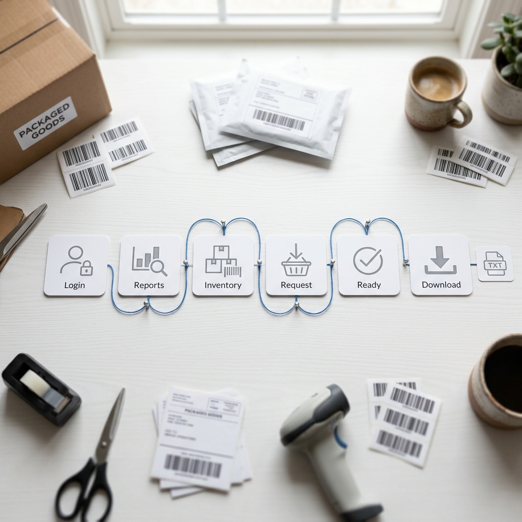 Step cards showing the path from Reports to Inventory Reports to TXT download.