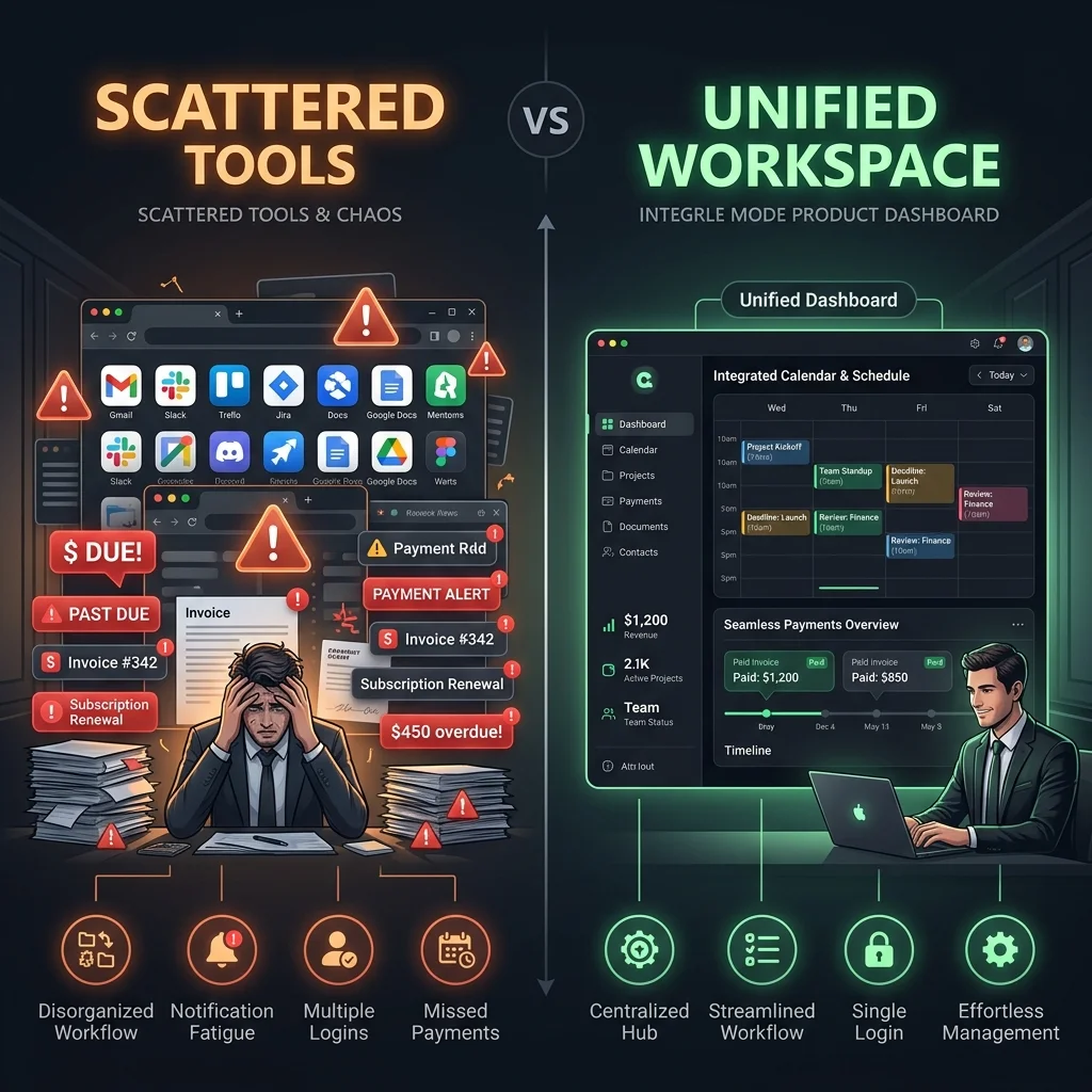 Scattered tools and invoice chaos vs unified integrated workspace