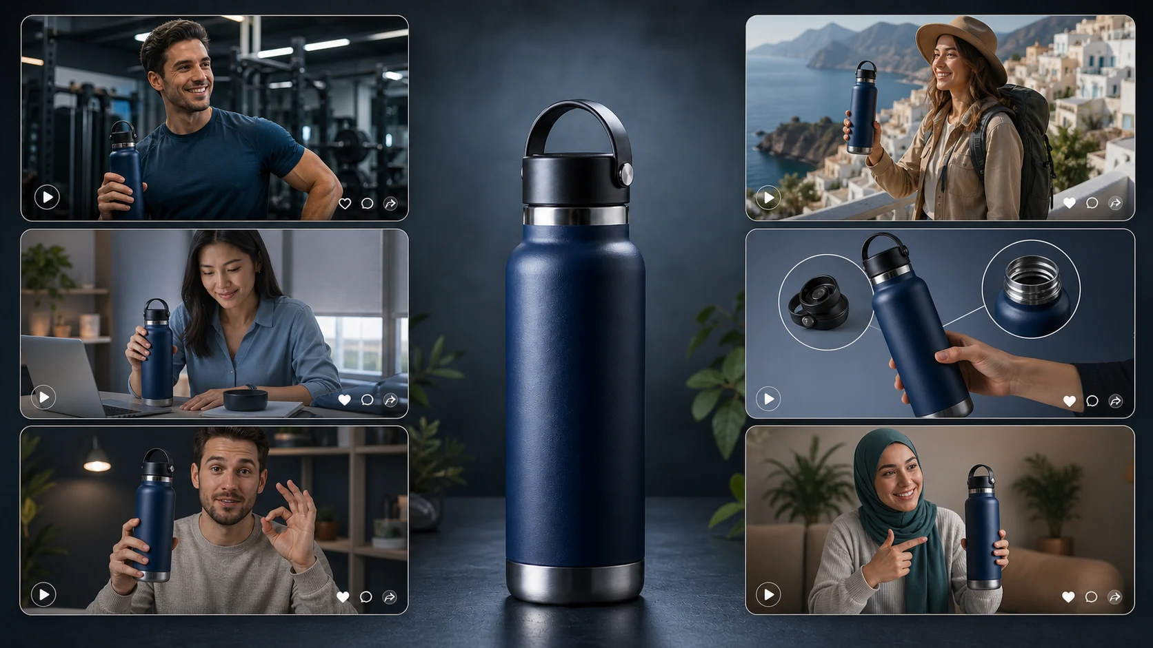 AI creator-style product video setup for an insulated stainless steel water bottle.