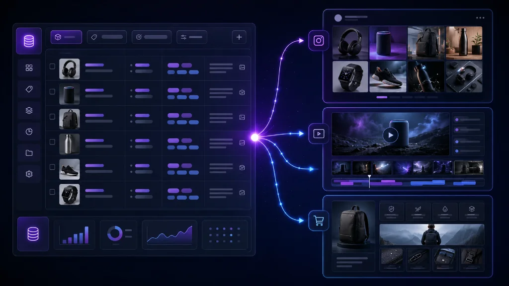Sleek visual representation of a product-aware workspace dashboard showing structured product details and content integrations